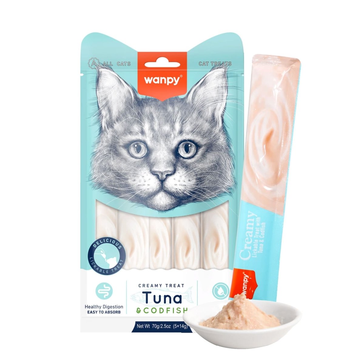 Wanpy Creamy Lickable Cat Treats – Tuna & Codfish (14gx5) – 1Box 12pcs - Shopivet.com