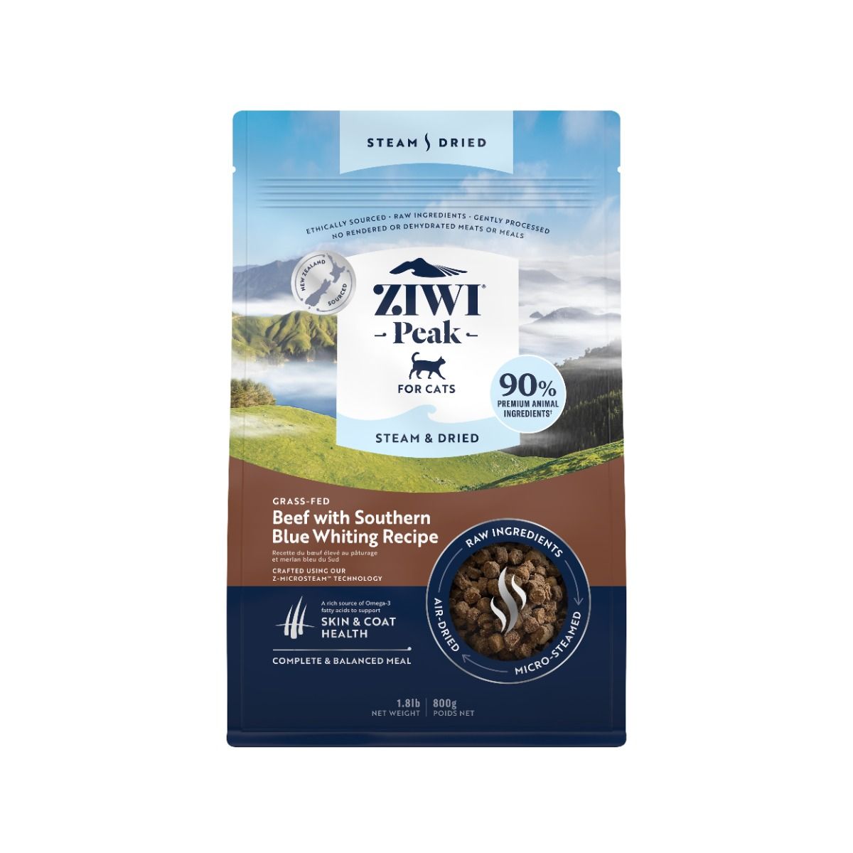ZIWI Peak Steam & Dried Grass - Fed Beef with Southern Blue Whiting Recipe Dry Cat Food - 800g - Shopivet.com