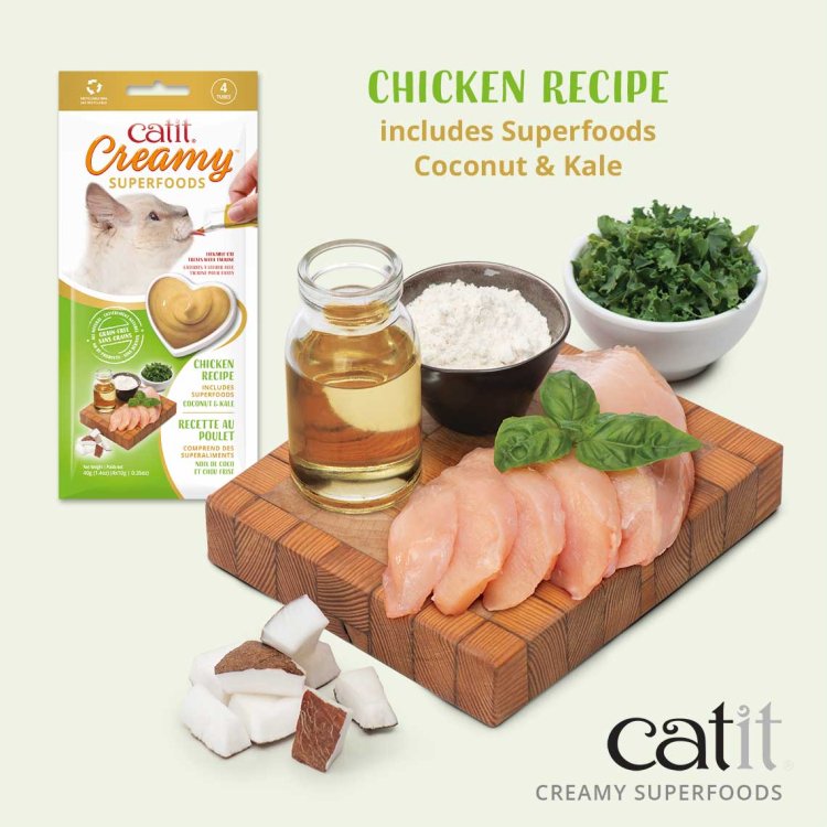 Catit Creamy Superfood Treats, Chicken Recipe with Coconut & Kale, 12pk/box - Shopivet.com