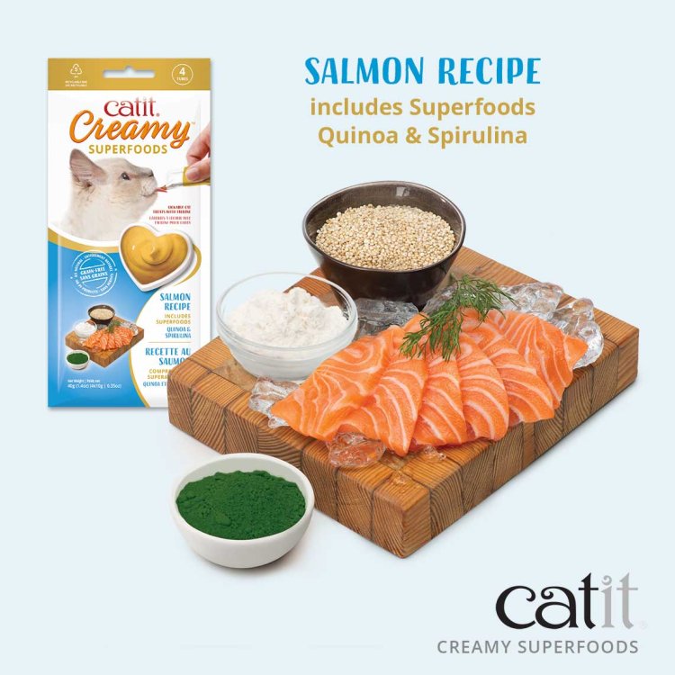 Catit Creamy Superfood Treats, Salmon Recipe with Quinoa & Spirulina, 12pk/box - Shopivet.com
