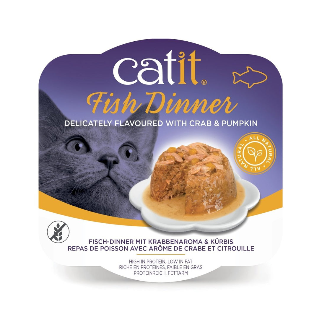 CATIT FISH DINNER, CRAB FLAVOUR & PUMPKIN 80 G, 6PCS/BOX - Shopivet.com