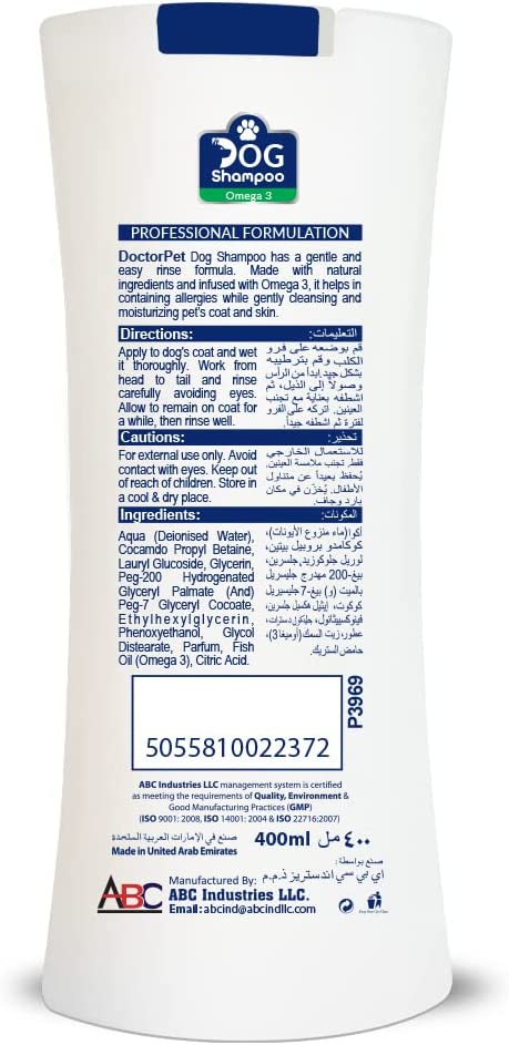 Doctor Pet Dog Shampoo 400ml Omega 3 - Shopivet.com