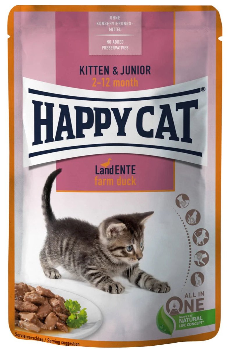 Happy Cat MIS Kitten & Junior Farm Duck 85 gm sachet - Shopivet.com