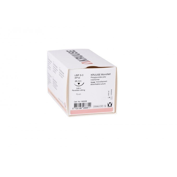 KRUUSE MONOFAST SUTURE, USP 4-0, 70 CM, 3/8C RC NEEDLE: 19 MM, REVERSE CUTTING, 3/8 CIRCLE. 18/PK - Shopivet.com