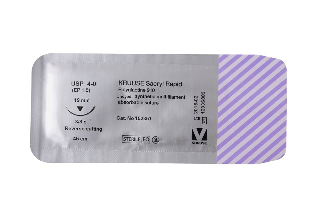 KRUUSE SACRYL RAPID SUTURE, USP 4-0 (45CM), 3/8C RC NEEDLE: 19 MM 18/PK - Shopivet.com