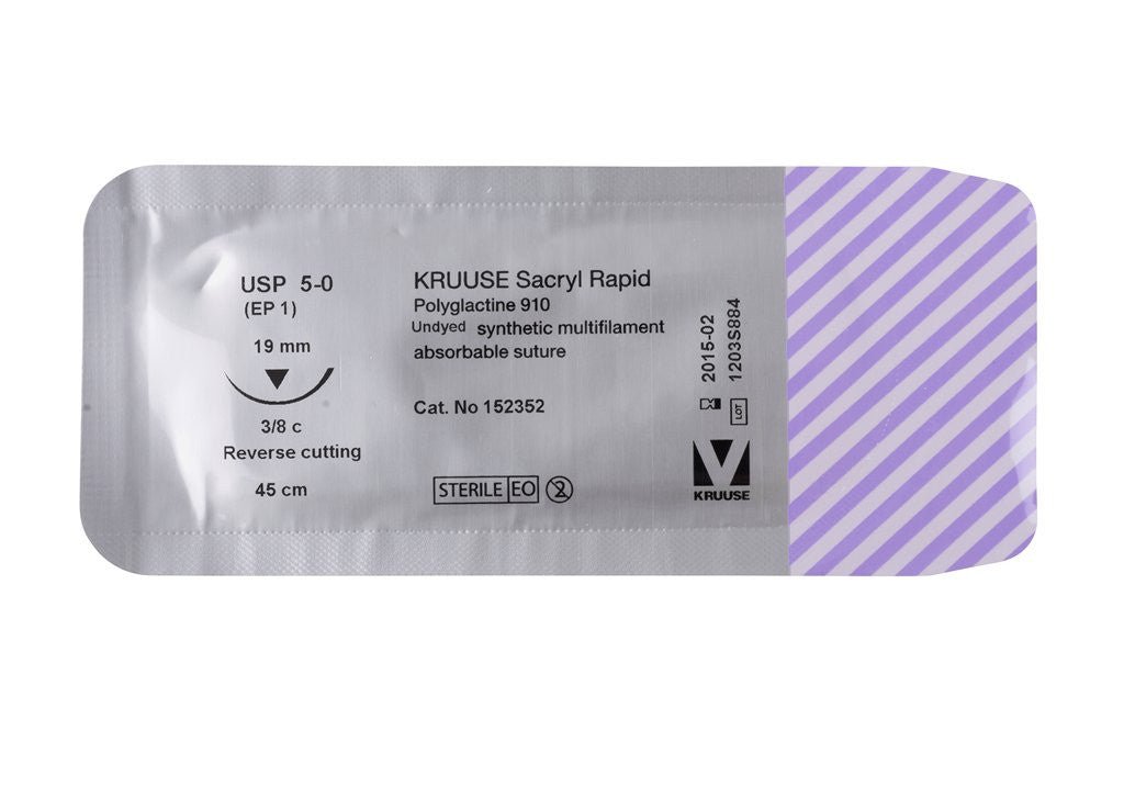 KRUUSE SACRYL RAPID SUTURE, USP 5-0 (45CM), 3/8C RC NEEDLE: 19 MM 18/PK - Shopivet.com