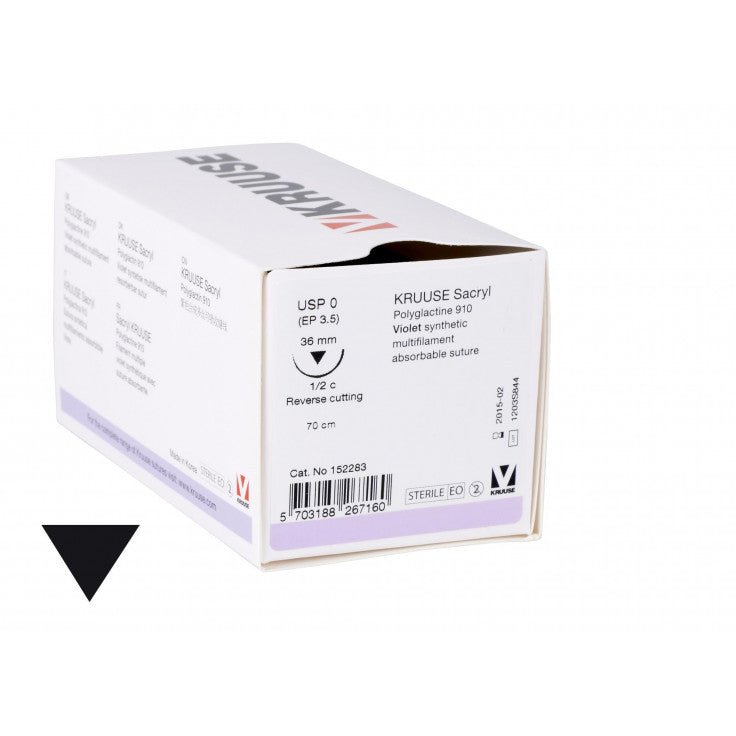 KRUUSE SACRYL SUTURE, USP 0, 70 CM, NEEDLE: 36 MM, REVERSE CUTTING, ½ CIRCLE. 18/PK - Shopivet.com