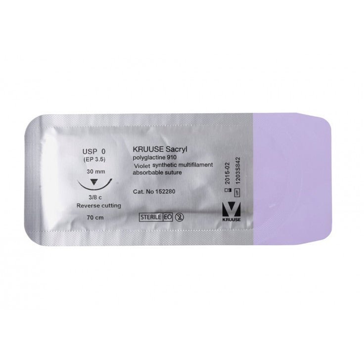 KRUUSE SACRYL SUTURE, USP 0 (70CM), 3/8C RC NEEDLE: 30MM - Shopivet.com