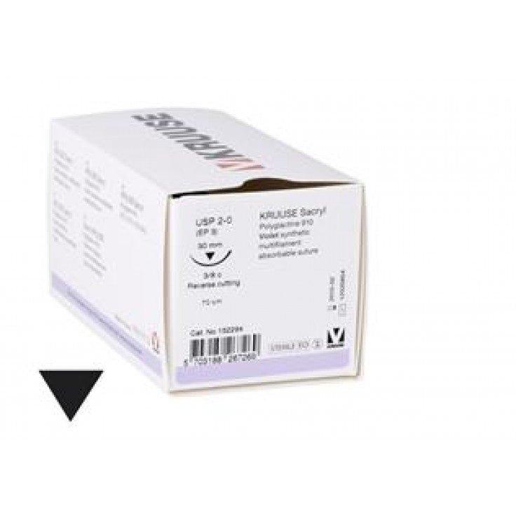 KRUUSE SACRYL SUTURE, USP 2-0, 70 CM, NEEDLE: 30 MM, REVERSE CUTTING, 3/8 CIRCLE. 18/PK - Shopivet.com