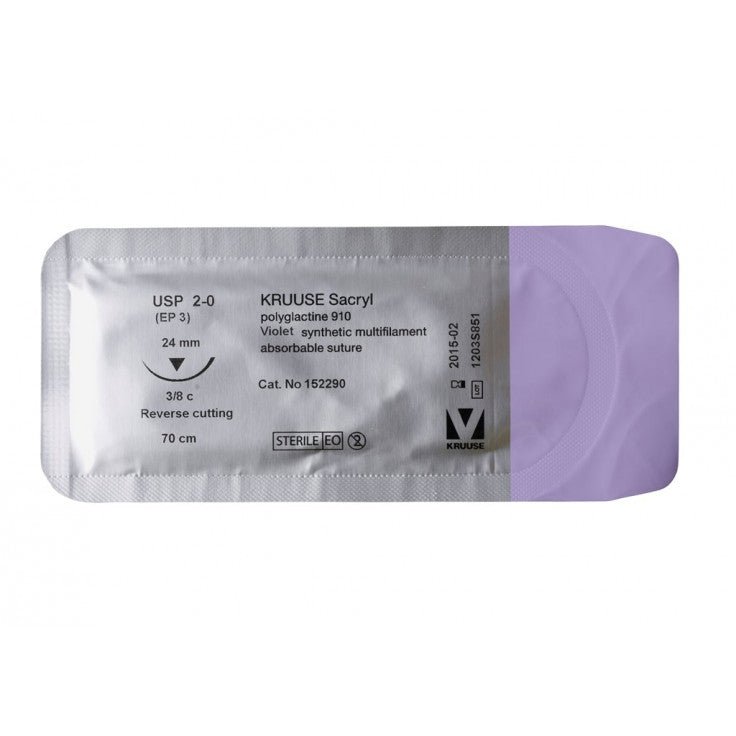 KRUUSE SACRYL SUTURE, USP 2-0 (70CM), 3/8C RC NEEDLE: 24MM 18/PK - Shopivet.com