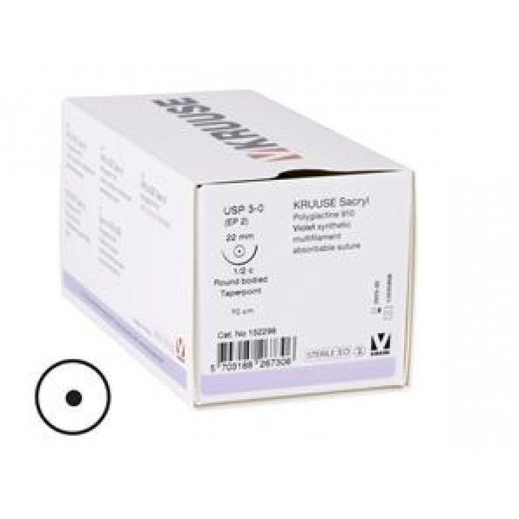 KRUUSE SACRYL SUTURE, USP 3-0, 70 CM, 1/2C RBTP NEEDLE: 22 MM,18/PK - Shopivet.com