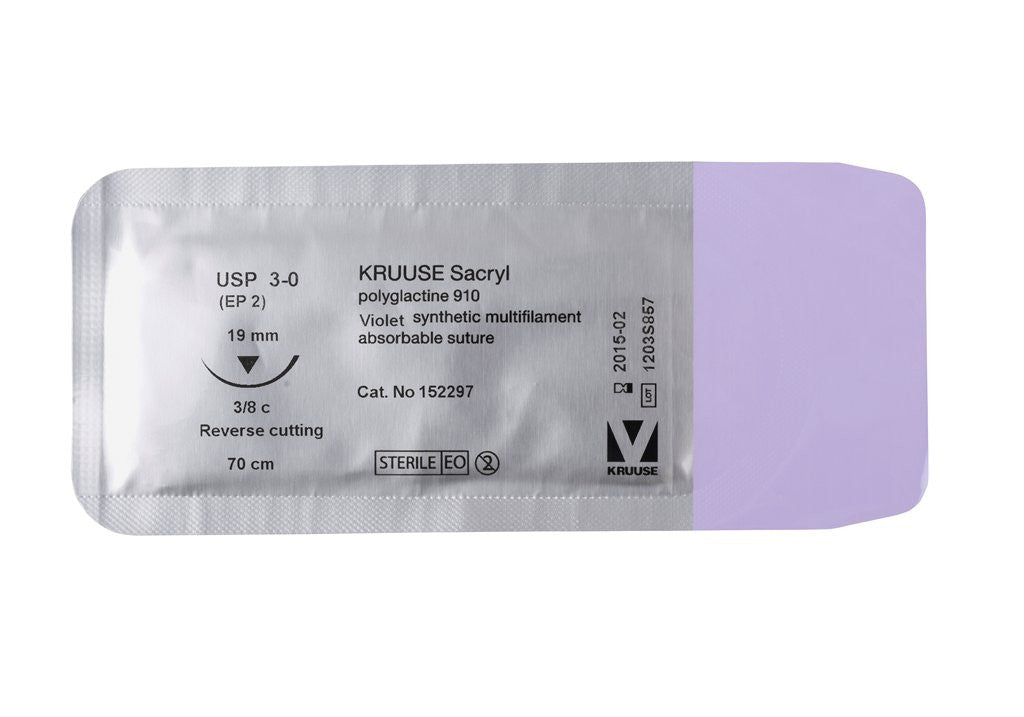 KRUUSE SACRYL SUTURE, USP 3-0 (70CM), 3/8C RC NEEDLE: 19MM - Shopivet.com