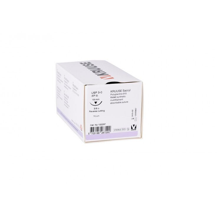 KRUUSE SACRYL SUTURE, USP 3-0 (70CM), 3/8C RC NEEDLE: 19MM - Shopivet.com