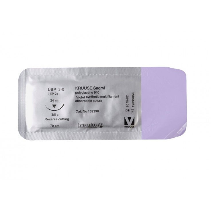 KRUUSE SACRYL SUTURE, USP 3-0 (70CM), 3/8C RC NEEDLE: 24MM - Shopivet.com