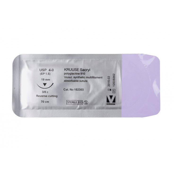 KRUUSE SACRYL SUTURE, USP 4-0 (70CM), 3/8C RC NEEDLE: 19MM 18/PK - Shopivet.com