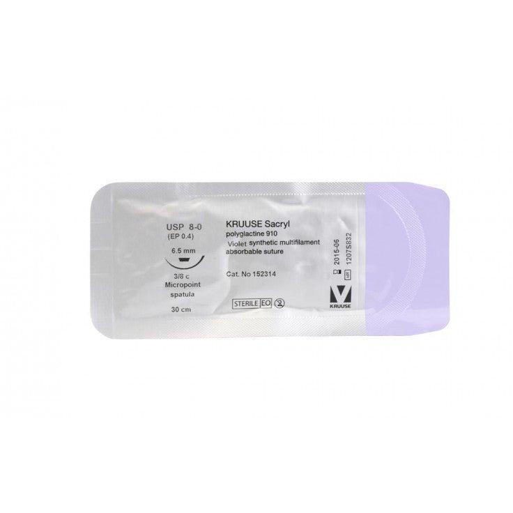 KRUUSE SACRYL SUTURE, USP 8-0 (30CM), 3/8C MICROS NEEDLE: 6.5MM 18/PK - Shopivet.com